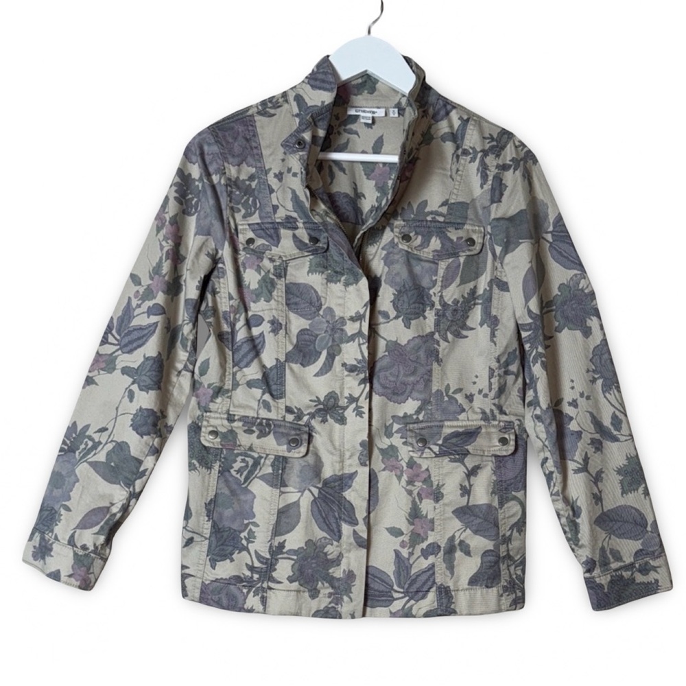 CHICO’s Floral Utility Jacket - Gray and Cream, Size O